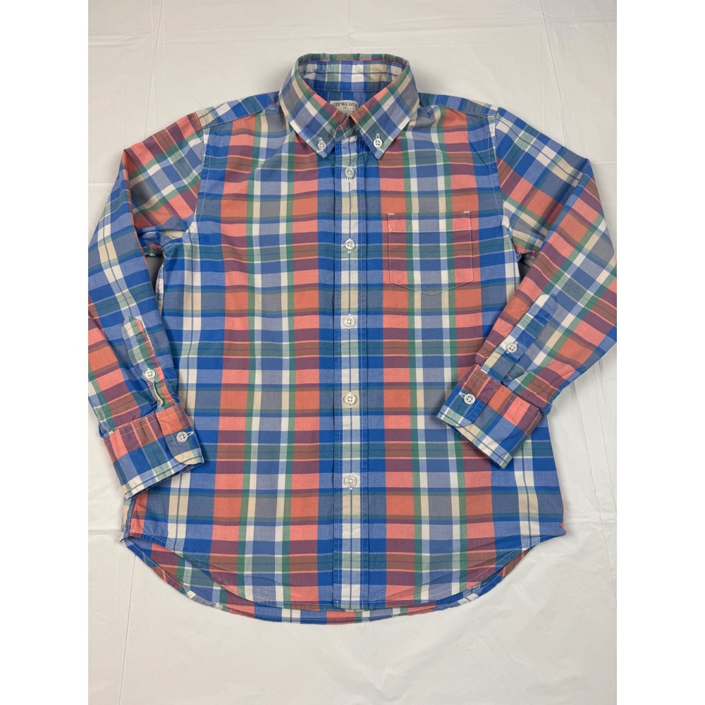 Crewcuts Boys Shirt Plaid Button Down Blue Pink Green Size 6-7 Long Sleeve
